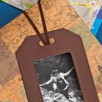   Kenro Kusso Travel Lagguage Tag fotóalbum, memo, 200db 10x15, ablakos borító, térkép minta, barna