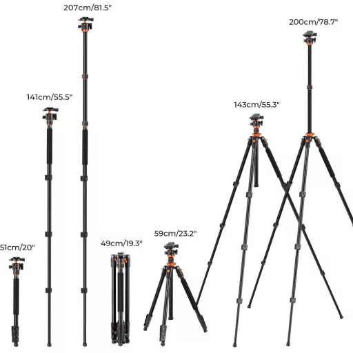 K&F Concept KF-09-087V6 K234A7+BH-28L állvány + monopod, elforgatható középoszloppal, fekete-narancs