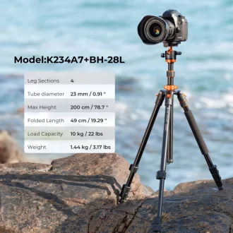   K&F Concept K234A7+BH28L állvány, 200cm magasság, 10kg teherbírás, telefonadapter