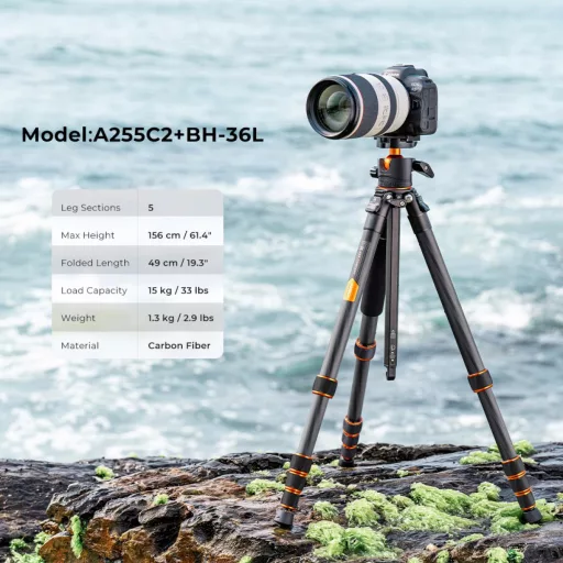 K&F Concept A255C2+BH-36L karbon állvány, 156cm magasság, 15kg teherbírás