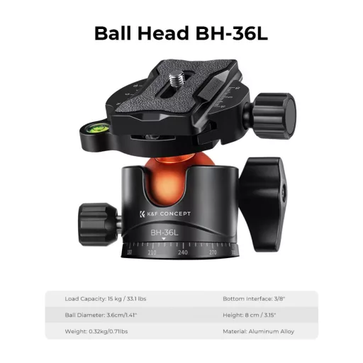 K&F Concept A255C2+BH-36L karbon állvány, 156cm magasság, 15kg teherbírás