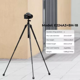   K&F Concept E224A3+BH-18 állvány, 170cm magasság, 4kg teherbírás, selfie bot, bluetooth kioldó
