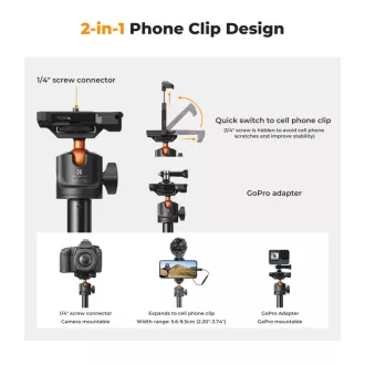   K&F Concept MS-08 állvány, selfie bot, gömbfejjel, GoPro adapter, telefon adapter, bluetooth kioldó