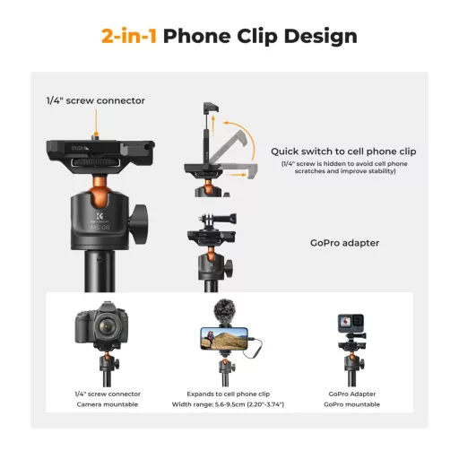 K&F Concept MS-08 állvány, selfie bot, gömbfejjel, GoPro adapter, telefon adapter, bluetooth kioldó