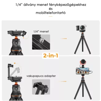   K&F Concept MS-01 hajlítható lábú állvány, gömbfejjel, bluetooth kioldóval