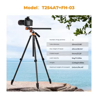   K&F Concept T254A7 + FH-03 videó állvány + monopod, elforgatható középoszloppal, fekete-narancssárga