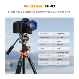   K&F Concept T254A7 + FH-03 videó állvány + monopod, elforgatható középoszloppal, fekete-narancssárga