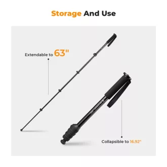   K&F Concept monopod, 160cm, aluminium, 1/4" és 3/8" csatlakozás csuklópánt, fekete