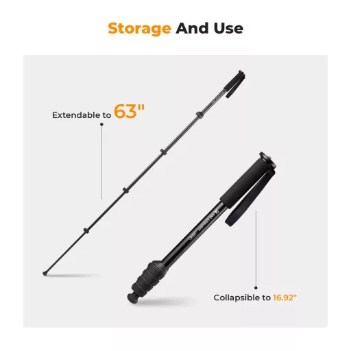 K&F Concept monopod, 160cm, aluminium, 1/4" és 3/8" csatlakozás csuklópánt, fekete