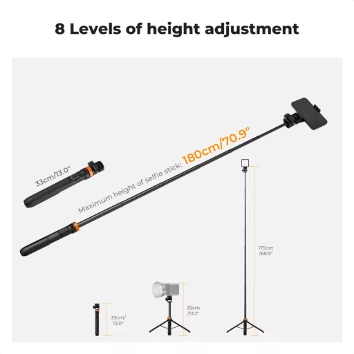 K&F Concept MS-24 állvány, 175cm, selfie bot, GoPro adapter, telefon adapter, bluetooth kioldó