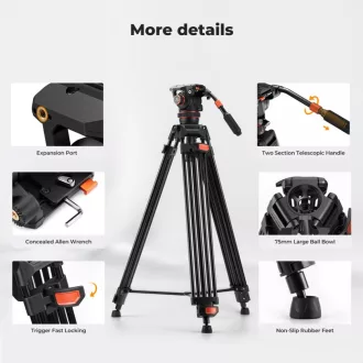  K&F Concept VA3 videó állvány, BV60 fluid video fej, 191cm magasság, 10kg teherbírás