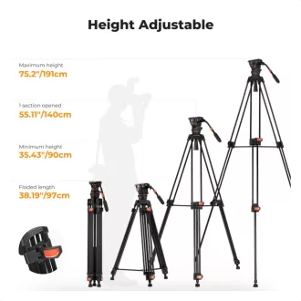   K&F Concept VA3 videó állvány, BV60 fluid video fej, 191cm magasság, 10kg teherbírás