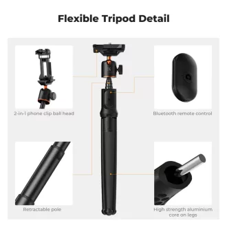   K&F Concept MS-29 hajlítható lábú állvány, selfie bot, GoPro és telefon adapter, bluetooth kioldó