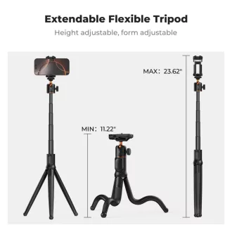   K&F Concept MS-29 hajlítható lábú állvány, selfie bot, GoPro és telefon adapter, bluetooth kioldó