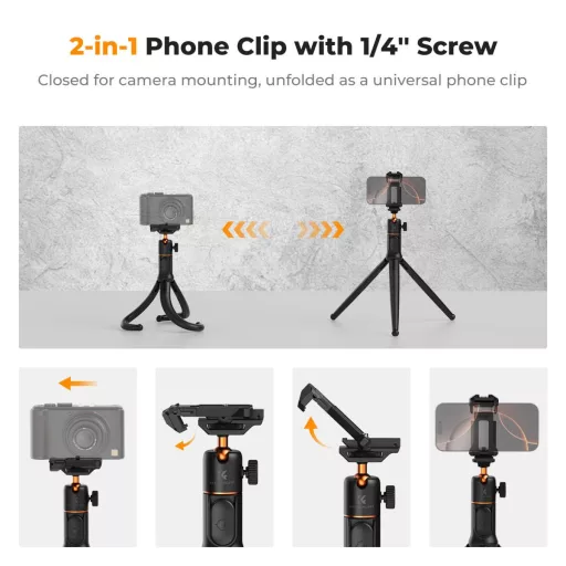 K&F Concept MS-29 hajlítható lábú állvány, selfie bot, GoPro és telefon adapter, bluetooth kioldó