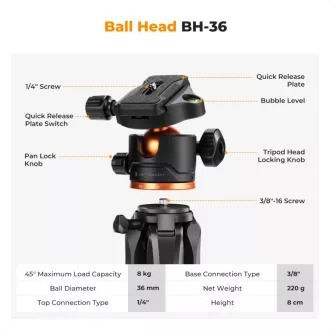   K&F Concept S255A3+BH-36 állvány, 190cm magasság, 8kg teherbírás, telefon, tablet, bluetooth adapter