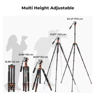   K&F Concept O255C4+FH-03 karbon videó állvány, 170cm magasság, 5kg teherbírás