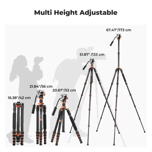K&F Concept O255C4+FH-03 karbon videó állvány, 170cm magasság, 5kg teherbírás