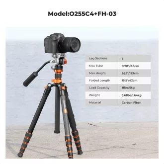   K&F Concept O255C4+FH-03 karbon videó állvány, 170cm magasság, 5kg teherbírás