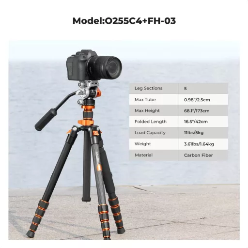 K&F Concept O255C4+FH-03 karbon videó állvány, 170cm magasság, 5kg teherbírás