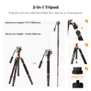 K&F Concept O255C4+FH-03 karbon videó állvány, 170cm magasság, 5kg teherbírás