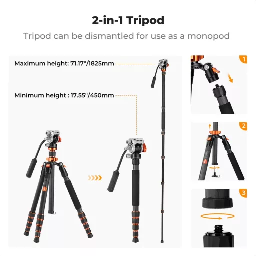 K&F Concept O255C4+FH-03 karbon videó állvány, 170cm magasság, 5kg teherbírás