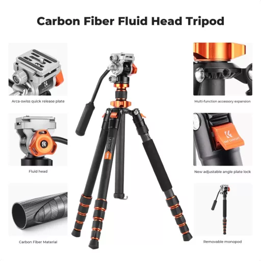 K&F Concept O255C4+FH-03 karbon videó állvány, 170cm magasság, 5kg teherbírás