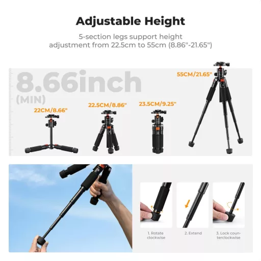 K&F Concept S225A0+BH-25 mini állvány, 55cm max magasság, 6kg teherbírás