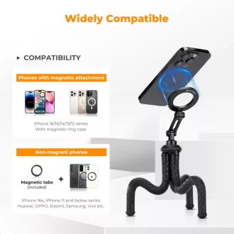   K&F Concept hajlítható lábú állvány, Magsafe, GoPro adapter, bluetooth kioldó