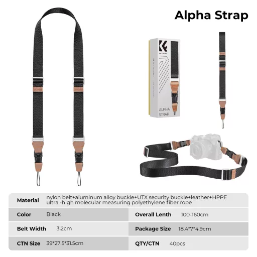 K&F Concept lapos nyakpánt gyorskioldó csattal, 3,2cm x 100-160cm, fekete