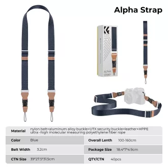   K&F Concept lapos nyakpánt gyorskioldó csattal, 3,2cm x 100-160cm, kék