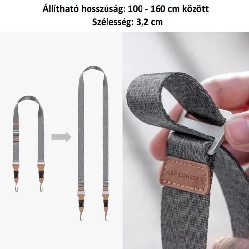 K&F Concept lapos nyakpánt gyorskioldó csattal, 3,2cm x 100-160cm, szürke