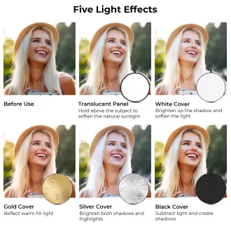   K&F Concept 5in1 derítőlap, reflektor, 80cm (fehér, fekete, arany, ezüst, transparens) + hordtáska