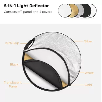   K&F Concept 5in1 derítőlap, reflektor fogantyúval 60cm (feh, fek, arany, ezüst, transp) + hordtáska