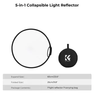  K&F Concept 5in1 derítőlap, reflektor fogantyúval 60cm (feh, fek, arany, ezüst, transp) + hordtáska
