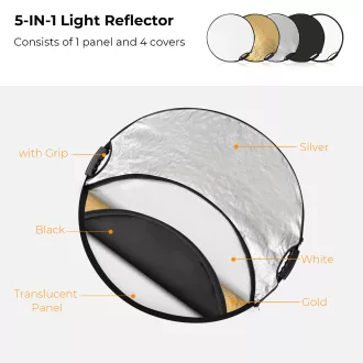   K&F Concept 5in1 derítőlap, reflektor fogantyúval 80cm (feh, fek, arany, ezüst, transp) + hordtáska