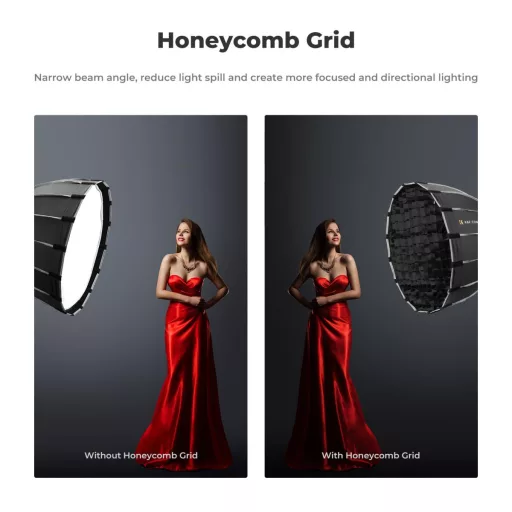 K&F Concept 120cm átmérőjű, parabolic softbox, gyorscsatlakozás, méhsejt rács, Bowens csatlakozás