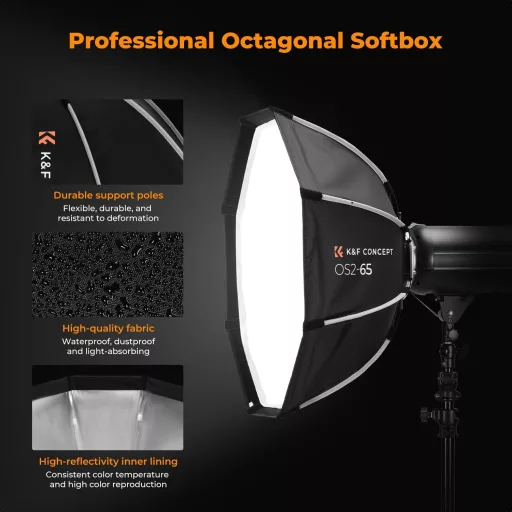 K&F Concept 65cm átmérőjű, octagonal softbox, gyorscsatlakozás, méhsejt rács, Bowens