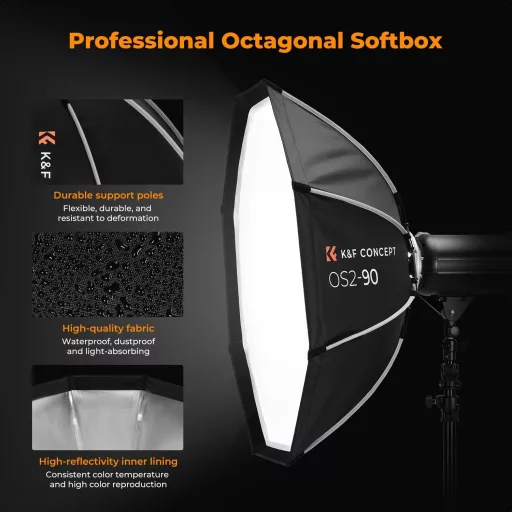 K&F Concept 90cm átmérőjű, octagonal softbox, gyorscsatlakozás, méhsejt rács, Bowens