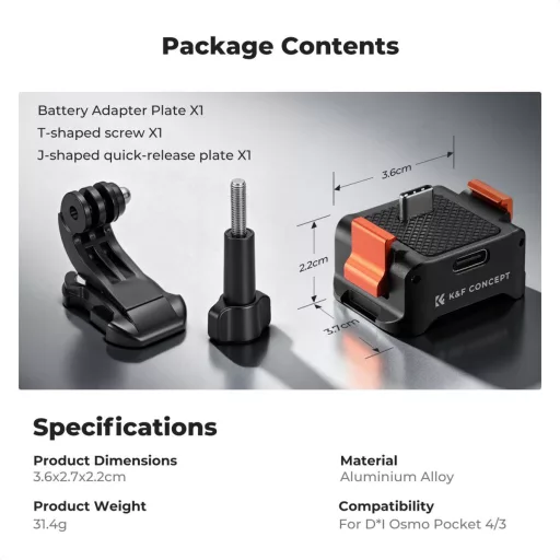 K&F Concept állvány adapter és gyorskioldó talp USB-C csatlakozással, DJI Osmo Pocket 3/4-hez