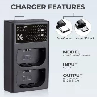   K&F Concept hordozható dupla LC-E6 akkumulátor töltő, USB-C, 2db LP-E6NH akkumulátorhoz