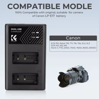   K&F Concept hordozható dupla LC-E17 akkumulátor töltő, USB-C, 2db LP-E17 akkumulátorhoz