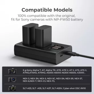   K&F Concept hordozható dupla BC-TRW akkumulátor töltő, LCD, USB-C, 2db FW50 akkumulátorhoz