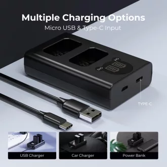  K&F Concept hordozható dupla BC-TRW akkumulátor töltő, LCD, USB-C, 2db FW50 akkumulátorhoz