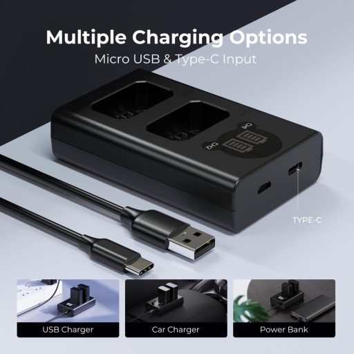 K&F Concept hordozható dupla BC-TRW akkumulátor töltő, LCD, USB-C, 2db FW50 akkumulátorhoz