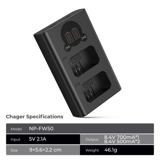 K&F Concept hordozható dupla BC-TRW akkumulátor töltő, LCD, USB-C, 2db FW50 akkumulátorhoz