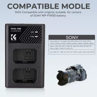   K&F Concept hordozható dupla BC-TRW akkumulátor töltő, USB-C, 2db FW50 akkumulátorhoz