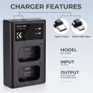 K&F Concept hordozható dupla BC-TRW akkumulátor töltő, USB-C, 2db FW50 akkumulátorhoz