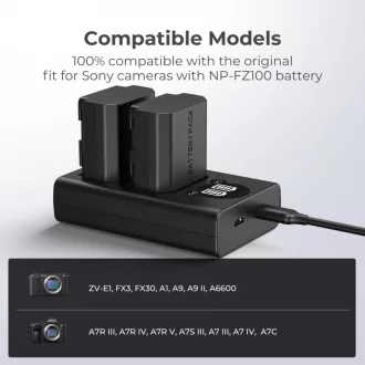   K&F Concept hordozható dupla BC-QZ1 akkumulátor töltő, LCD, USB-C, 2db FZ100 akkumulátorhoz