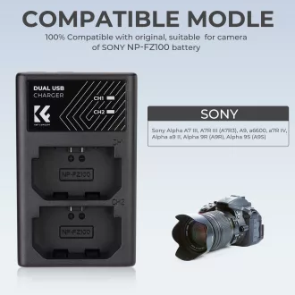   K&F Concept hordozható dupla BC-QZ1 akkumulátor töltő, USB-C, 2db FZ100 akkumulátorhoz